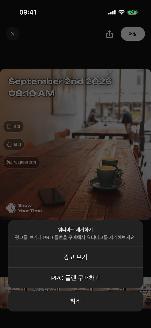 워터마크 제거를 눌렀을 때 뜨는 창. 광고 보기와 PRO 플랜 구매하기 중에 고른다