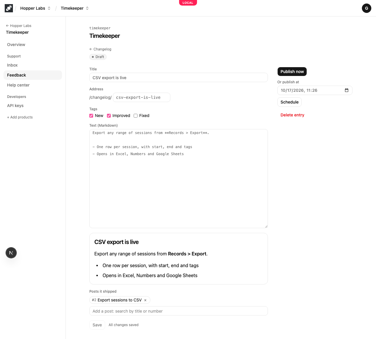 변경 로그 항목 작성: 제목, 태그, 미리보기가 있는 Markdown, 출시된 게시물