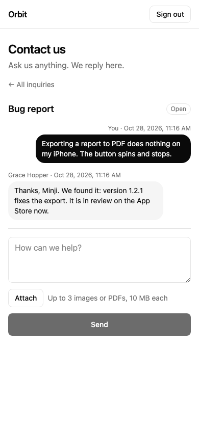 An inquiry with the team's reply, opened from the app
