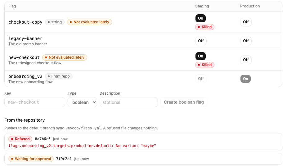 The flags list: onboarding_v2 marked "From repo", and the syncs, one refused with its reason