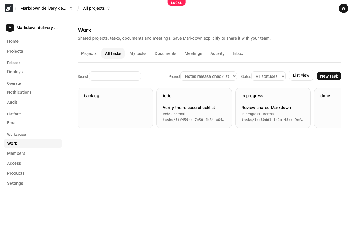 An English task board showing one task to do and another in progress, filtered to a Work project