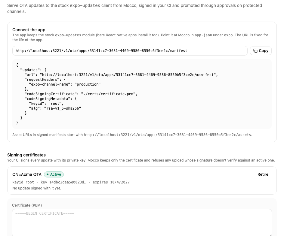 OTA updates의 Hosted by Mocco: 매니페스트 URL과 app.json 블록, 활성 서명 인증서