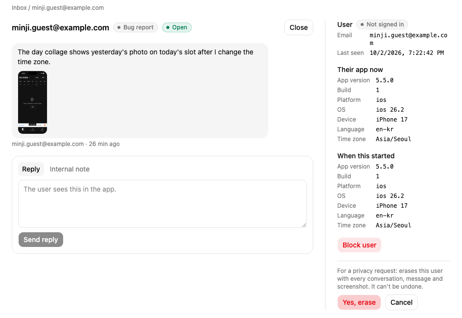 Erasing a user's data: the confirmation in the side panel