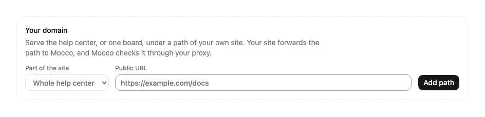 공개 URL을 입력해 추가할 준비가 된 Your domain 섹션