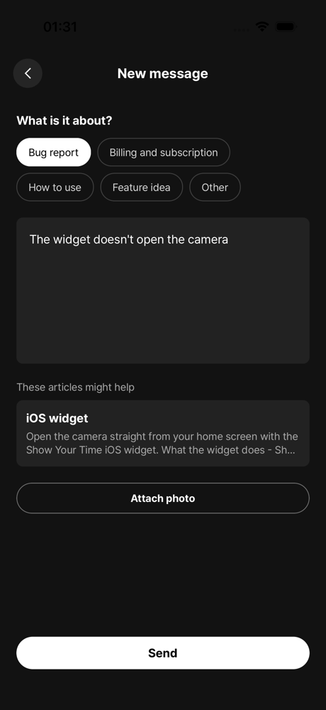 앱의 새 메시지 화면이 "The widget doesn't open the camera"에 대해 헬프 센터의 "iOS widget" 글을 추천하는 모습