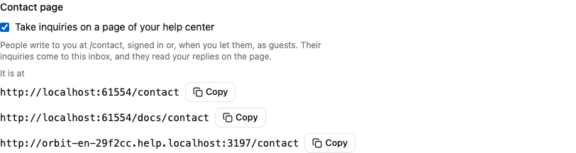 The Contact page setting in the inbox: the switch, and the addresses the page is at