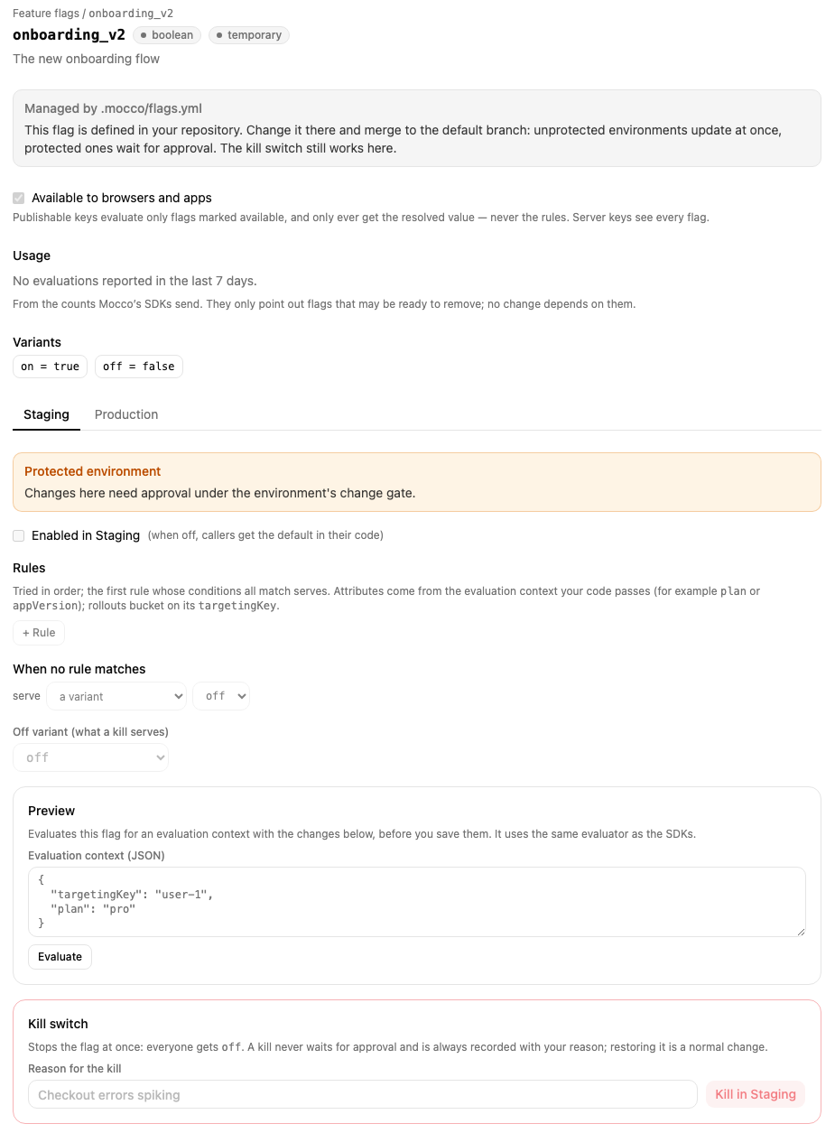 A repository flag in the console: the notice, the read-only settings, and the kill switch