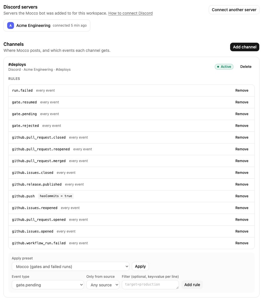 Discord 서버와 그 채널이 연결된 Channels 탭