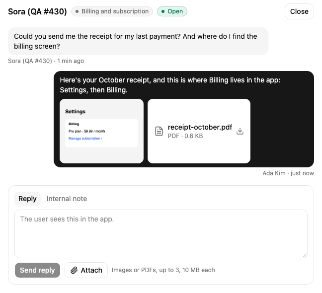 The sent reply with its screenshot and PDF