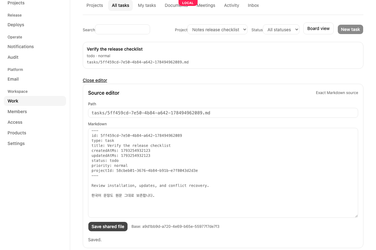 An English source editor showing a saved task with its required metadata and a body containing English and Korean text