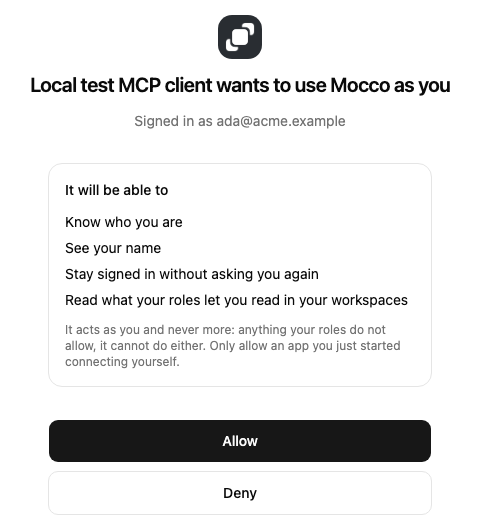 The consent screen: the app's name, the account it would act as, what it will be able to do, and Allow or Deny