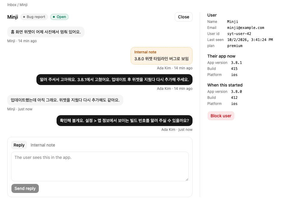 A conversation: the user's messages, an internal note, the team's replies, and the user panel