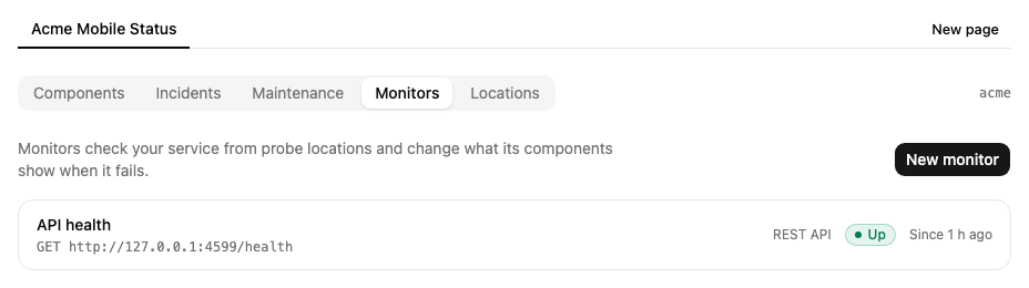 The project's monitors with their state, target and components