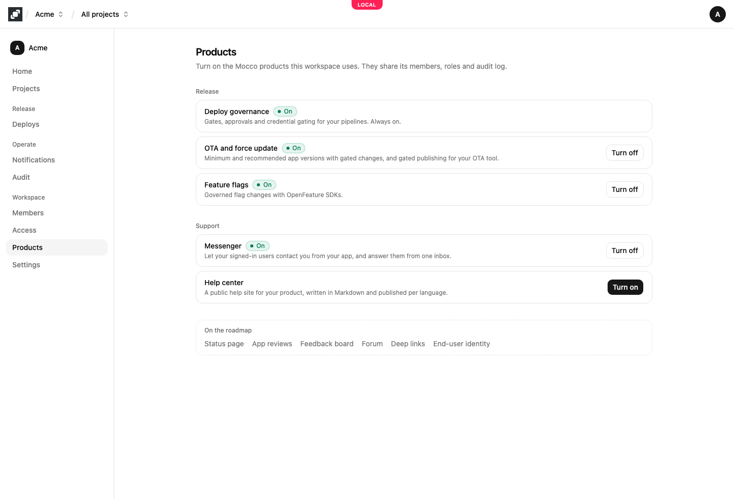 Products 페이지: Release와 Support 아래에 묶인 제품들. 배포 거버넌스는 항상 켜져 있고, 나머지에는 Turn on과 Turn off가 있으며, 아직 나오지 않은 제품은 On the roadmap 아래에 나열됩니다