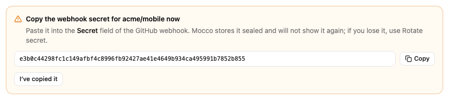 The one-time GitHub secret after creating the source