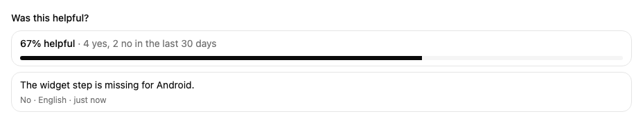 Mocco의 글에 있는 Was this helpful? 섹션: 67% 도움됨, yes 4건과 no 2건, 의견 하나