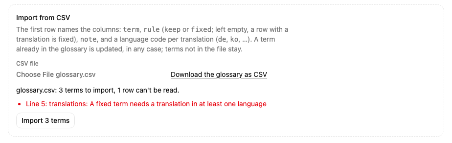 CSV 가져오기: 용어 세 개가 준비되었고, fixed 용어에는 번역이 필요해서 5번째 줄이 거부되었습니다